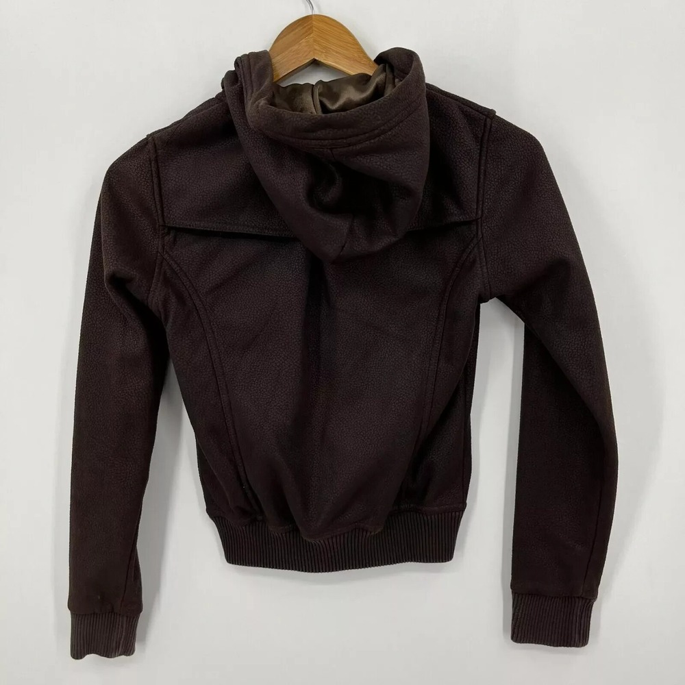 Obey Full Zip Hoodie Women's Size 2XS Brown Pockets Logo Faux Leather‎ Skate - Picture 6 of 10